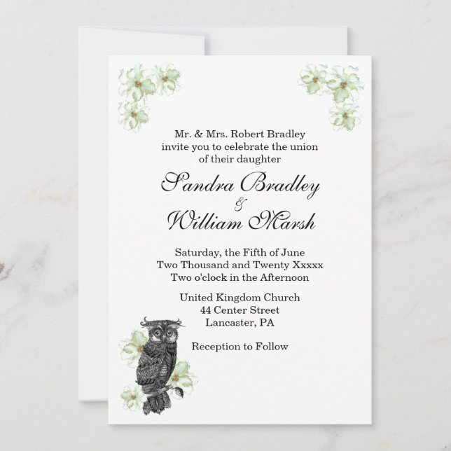 Faire-part de mariage de chouette et de fleurs ver (Devant)