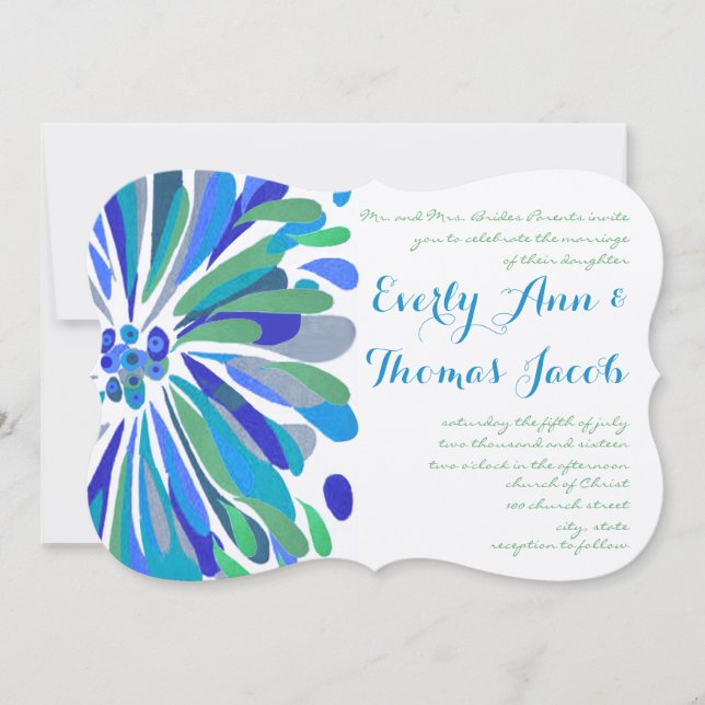 Faire-part de mariage de chrysanthème bleu et vert (Devant)