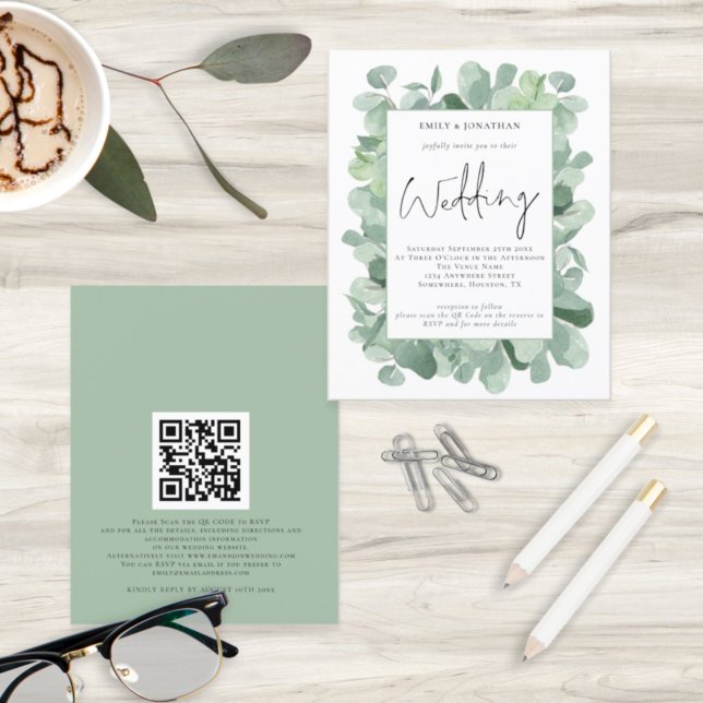 Faire-part de mariage de code QR feuille Eucalyptu (Créateur téléchargé)