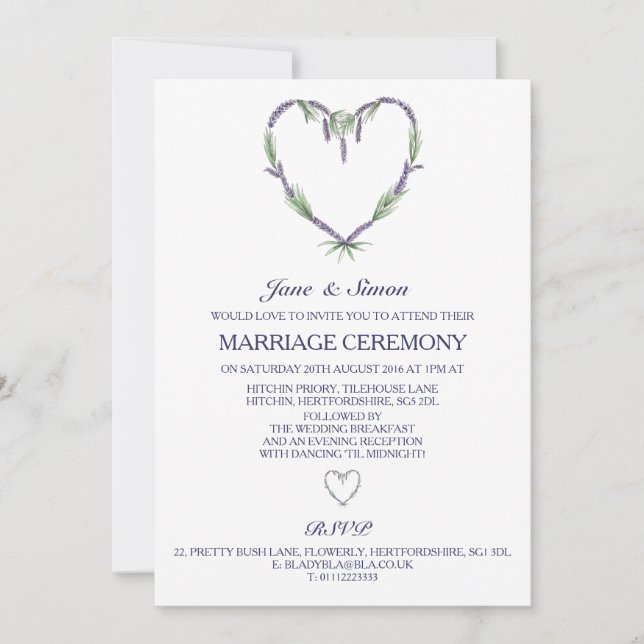 Faire-part de mariage de coeur de lavande (Devant)