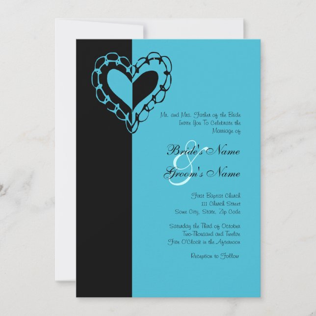 Faire-part de mariage de coeur noir et turquoise (Devant)