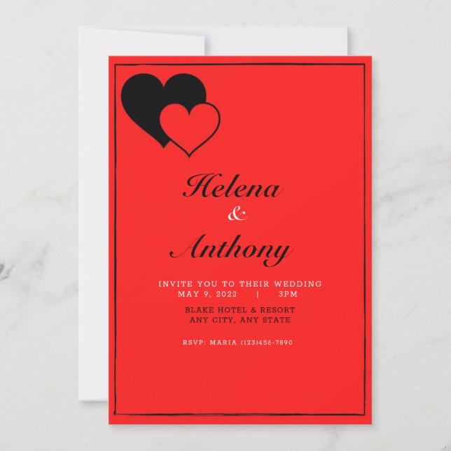 Faire-part de mariage de coeur rouge et noir (Devant)