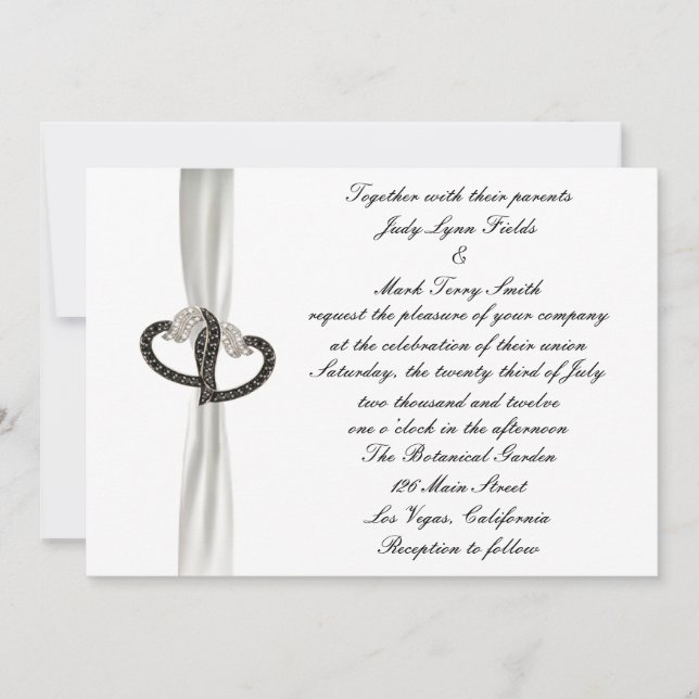 Faire-part de mariage de Coeurs Diamants Noir & Bl (Devant)