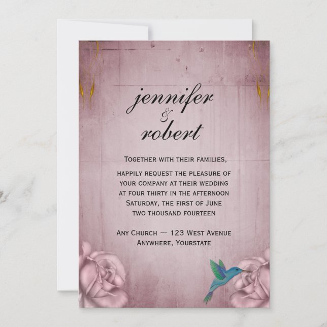 Faire-part de mariage de colibri de rose de rose (Devant)