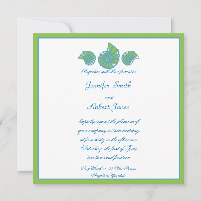 Faire-part de mariage de coquillages turquoise ver (Devant)