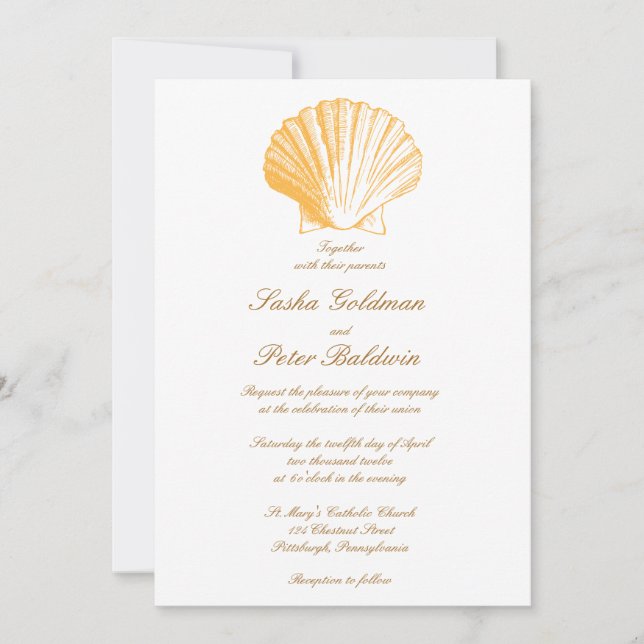 Faire-part de mariage de coquilles de sable doré (Devant)