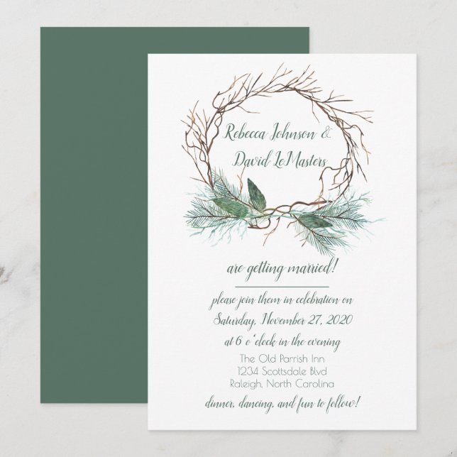 Faire-part de mariage de couronne de pin d'hiver (Devant / Derrière)