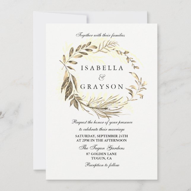Faire-part de mariage de couronne feuille d'or (Devant)