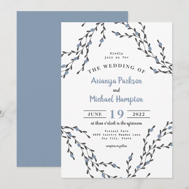 Faire-part de mariage de couronnes de Berry bleu D (Devant / Derrière)