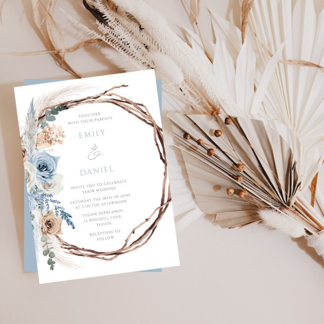 Faire-part de mariage de couronnes florales bleues (Créateur téléchargé)