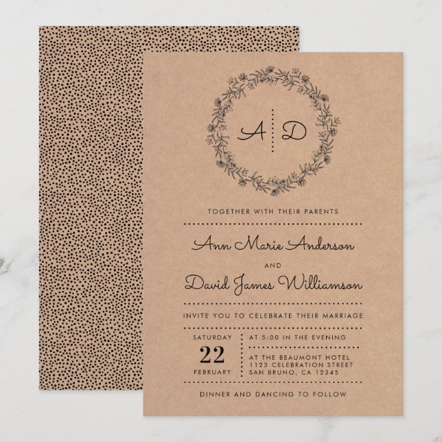 Faire-part de mariage de couronnes florales Kraft  (Devant / Derrière)
