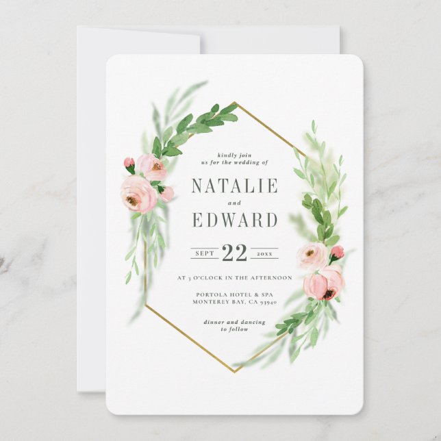 Faire-part de mariage de courre florale rose pâle (Devant)