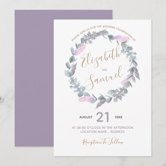 Faire-part de mariage de courre pourpre d'aquarell (Devant / Derrière)