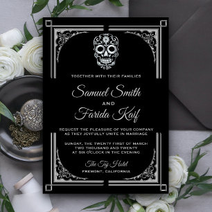 Faire-part de mariage de crâne argenté noir classi