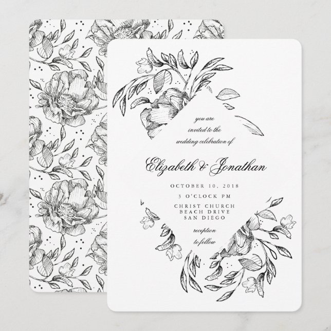 Faire-part de mariage de croquis floral noir roman (Devant / Derrière)