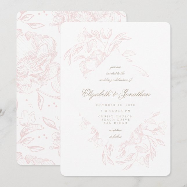 Faire-part de mariage de croquis floral rose roman (Devant / Derrière)