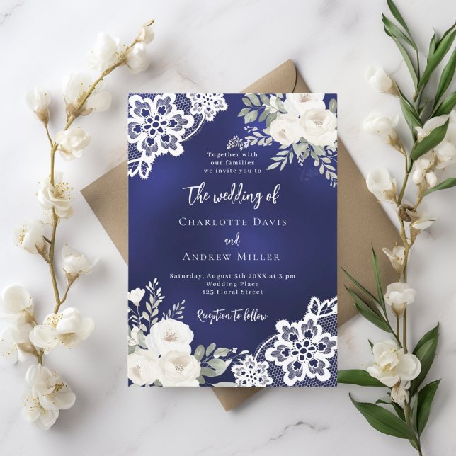 Faire-part de mariage de dentelle bleu marine (Créateur téléchargé)