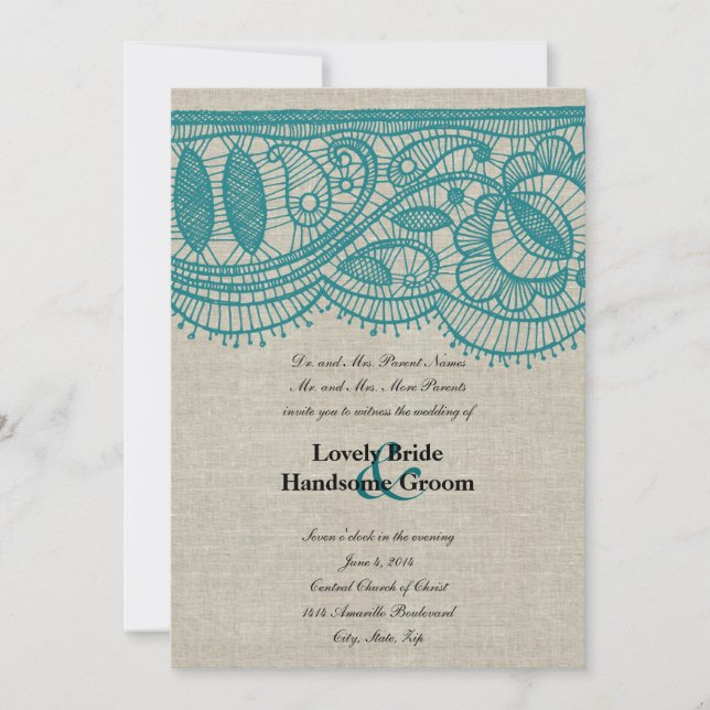 Faire-part de mariage de dentelle en lin et Turquo (Devant)