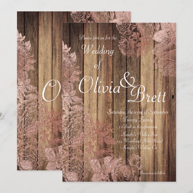 Faire-part de mariage de dentelle Rose en bois rus (Devant / Derrière)