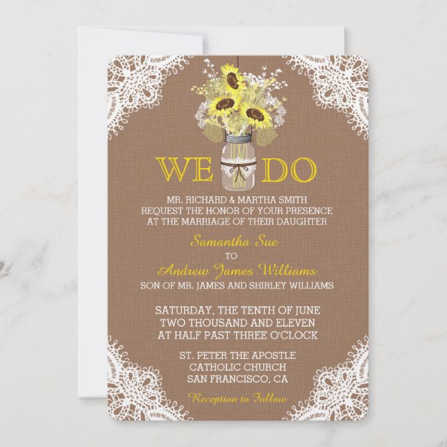 Faire-part de mariage de dentelle rustique Mason T (Devant)