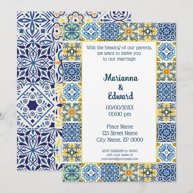 Faire-part de mariage de design Talavera mexicain (Devant / Derrière)