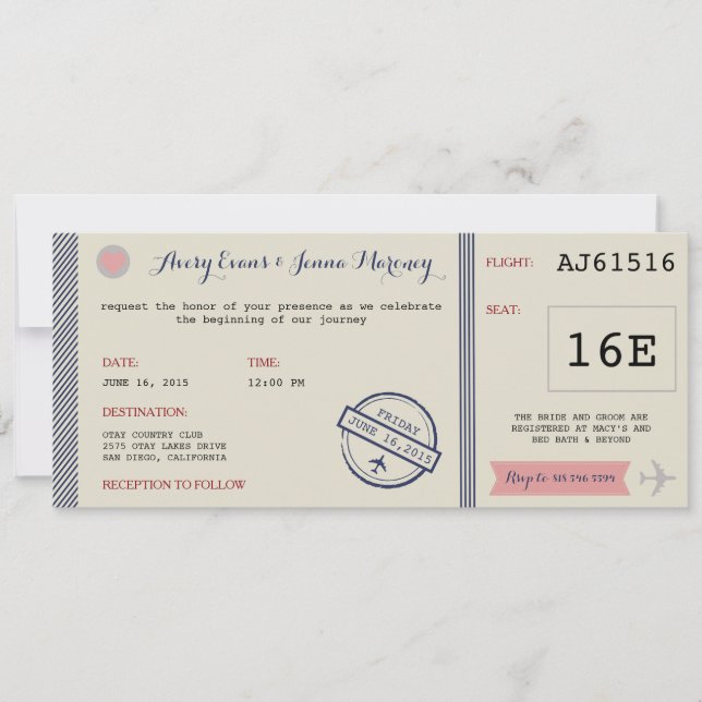 Faire-part de mariage de destination de billet (Devant)