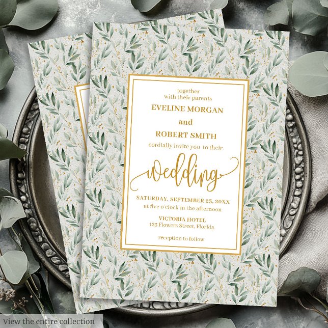 Faire-part de mariage de feuillage doré moderne Sa (Modern Sage Green Gold Foliage Wedding Invitation)