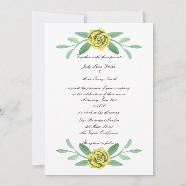 Faire-part de mariage de feuillage fleuri jaune (Devant)