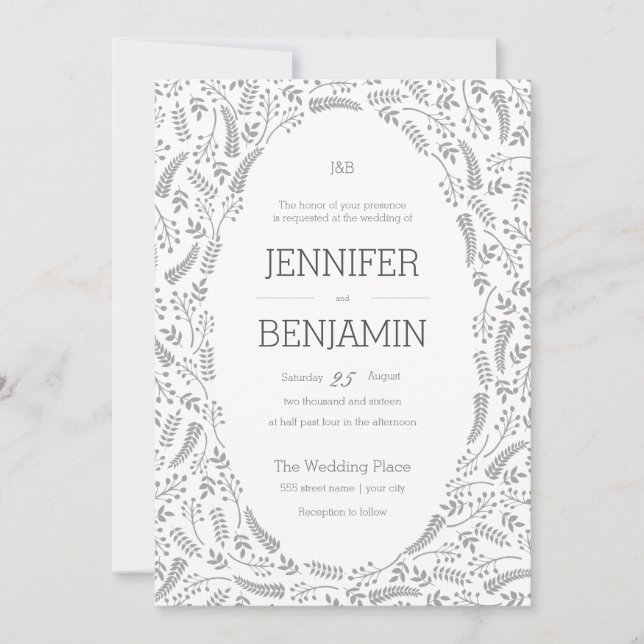 Faire-part de mariage de feuillage gris moderne (Devant)