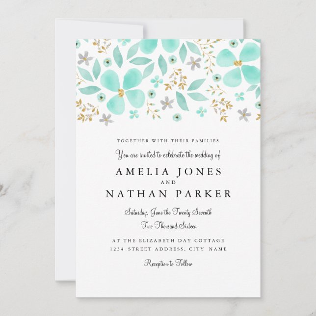 Faire-part de mariage de feuille d'or floral (Devant)