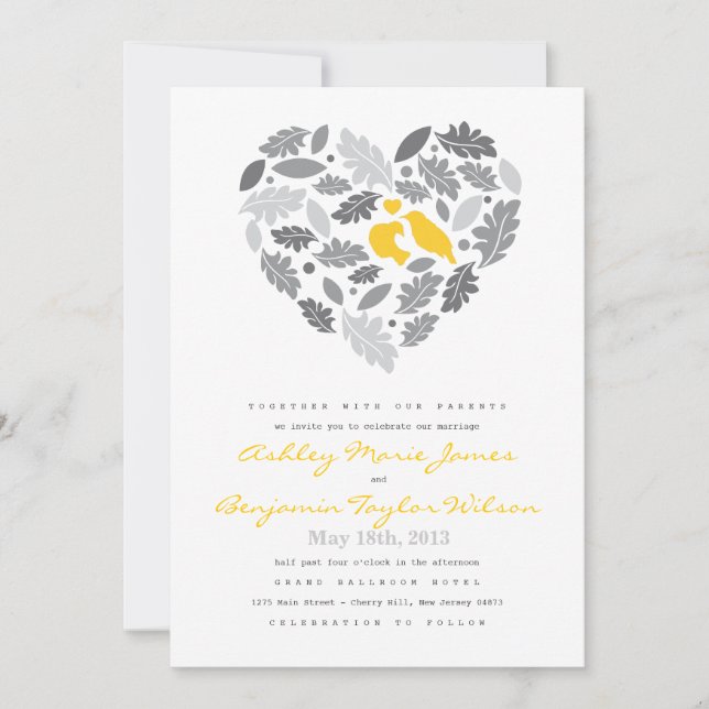Faire-part de mariage de feuille et de coeur (Devant)