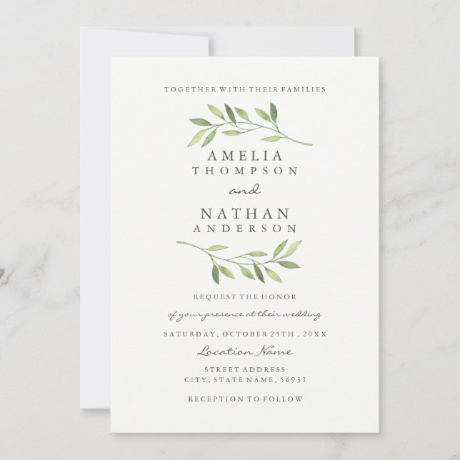 Faire-part de mariage de feuille verte aquarelle (Devant)