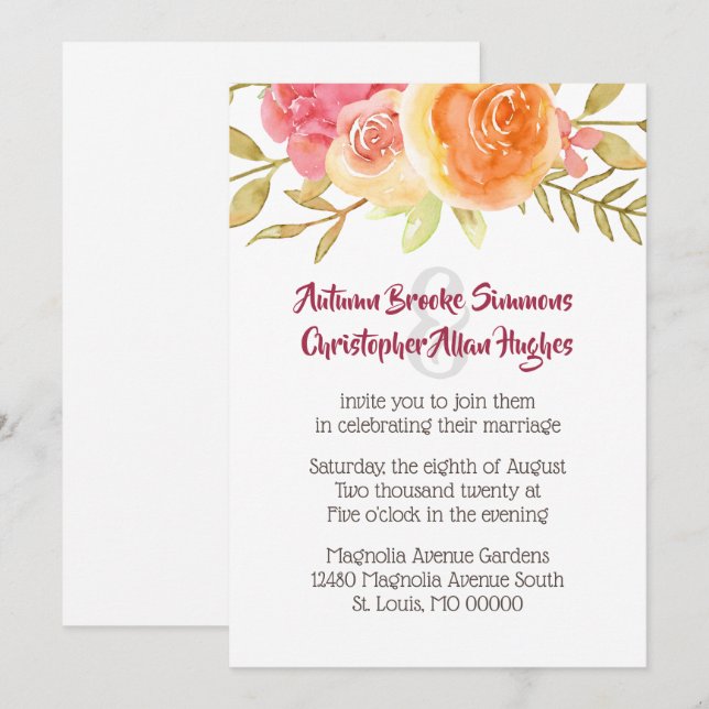 Faire-part de mariage de fleurs d'aquarelle Pastel (Devant / Derrière)