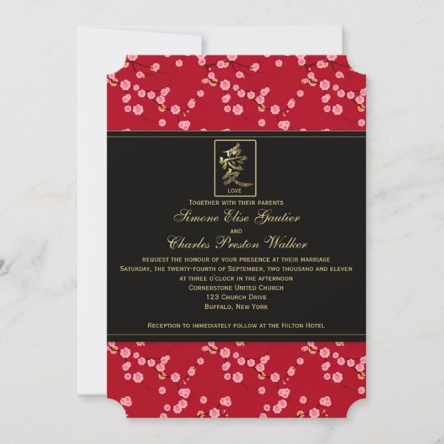 Faire-part de mariage de fleurs de cerisiers rouge (Devant)
