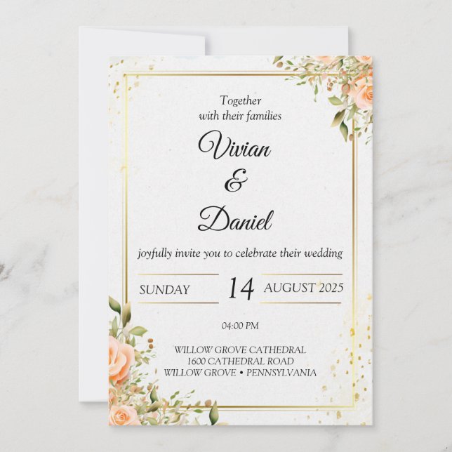 Faire-part de mariage de fleurs d'or et de pêche (Devant)