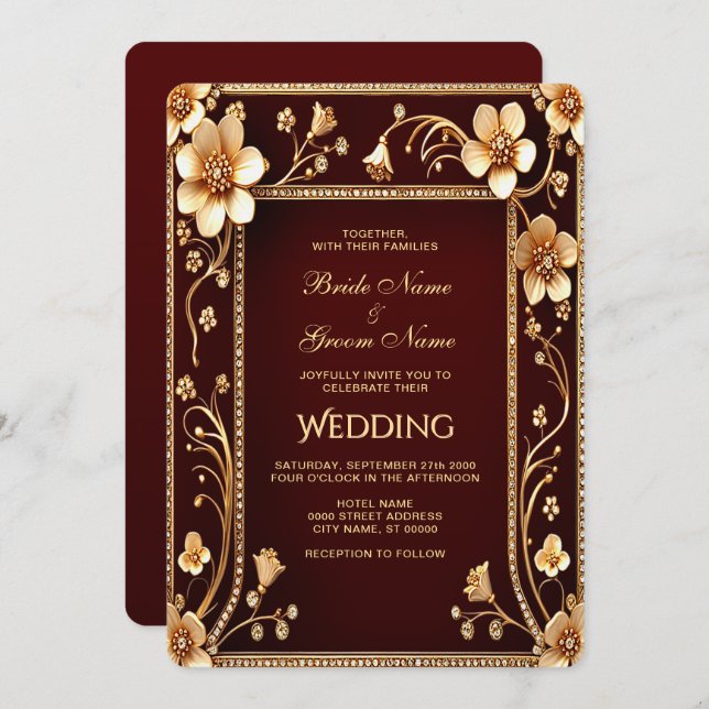 Faire-part de mariage de fleurs dorées de Bourgogn (Devant / Derrière)