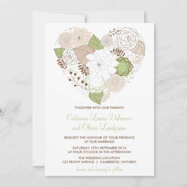 Faire-part de mariage de fleurs du coeur vert à la (Devant)