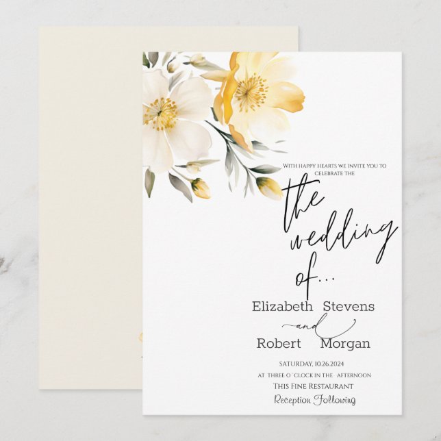 Faire-part de mariage de Fleurs Jaunes Chic (Devant / Derrière)
