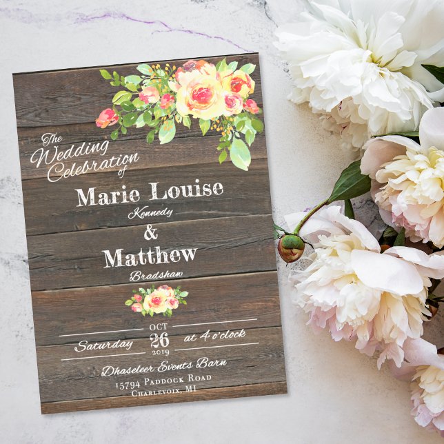 Faire-part de mariage de fleurs rustiques en bois  (Créateur téléchargé)