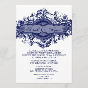 FAIRE-PART DE MARIAGE DE FLEURS VINTAGES BLEUES DE
