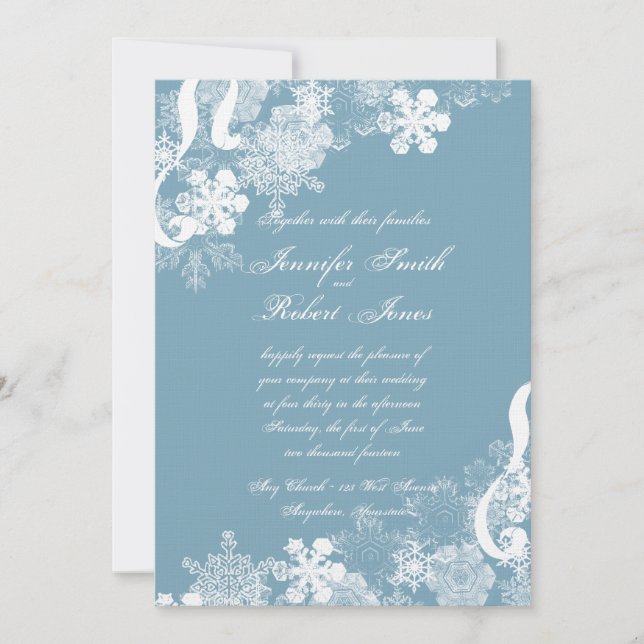 Faire-part de mariage de flocons d'hiver bleu et b (Devant)