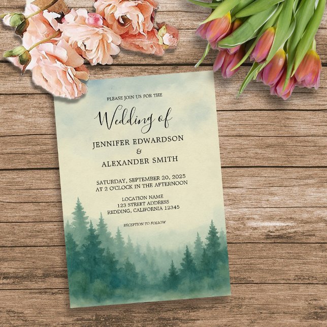 Faire-part de mariage de forêt de pins d'eau (Rustic watercolor pine tree forest wedding invitation. )