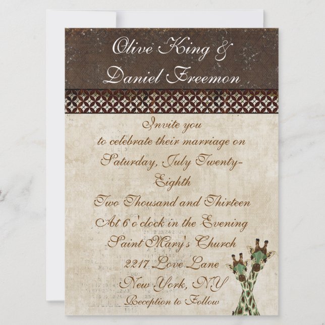 Faire-part de mariage de girafes Turquoises et en  (Devant)