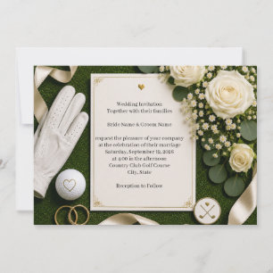 Faire-part de mariage de golf avec des roses blanc