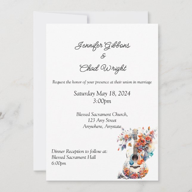 Faire-part de mariage de guitare florale, invitati (Devant)