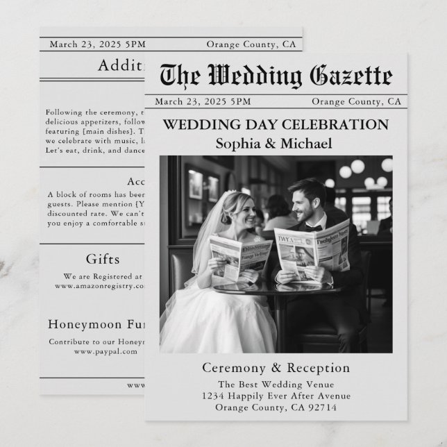 Faire-part de mariage de journal (Devant / Derrière)