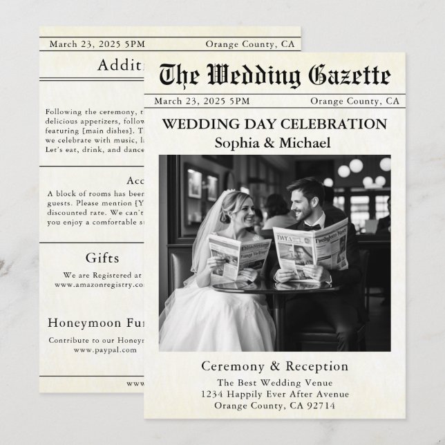 Faire-part de mariage de journal (Devant / Derrière)