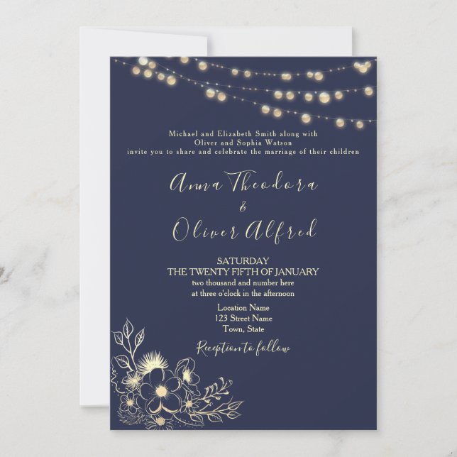 Faire-part de mariage de la chaîne d'or bleu marin (Devant)