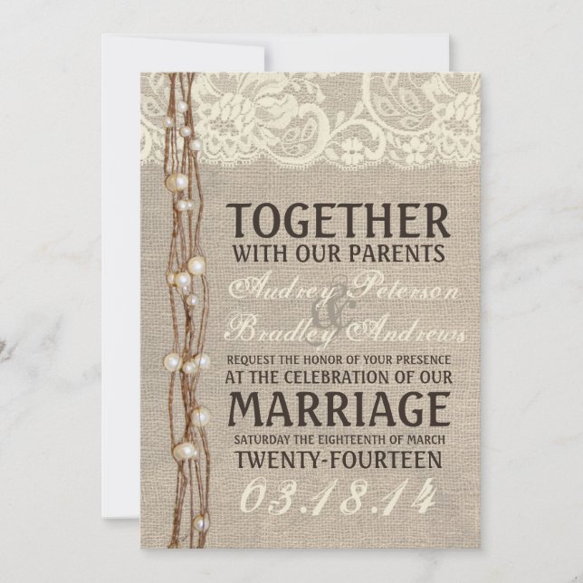 Faire-part de mariage de la dentelle de Burlap (Devant)