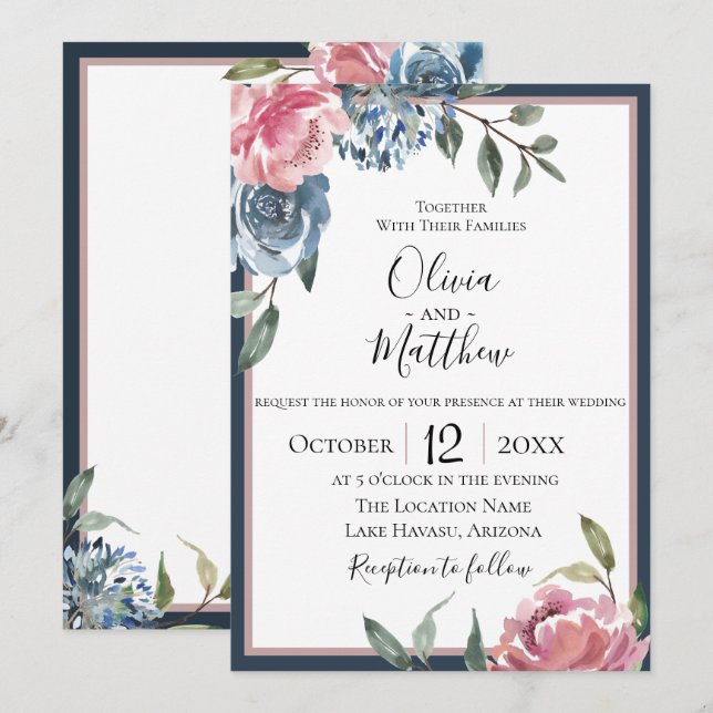 Faire-part de mariage de la marine Blue Mauve Bota (Devant / Derrière)